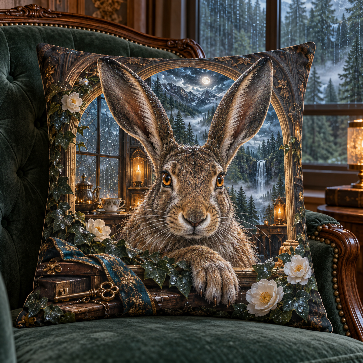 Rainwelcome Hare Manor Quilted Cushion Cover with printed optical 3D artwork in its use setting