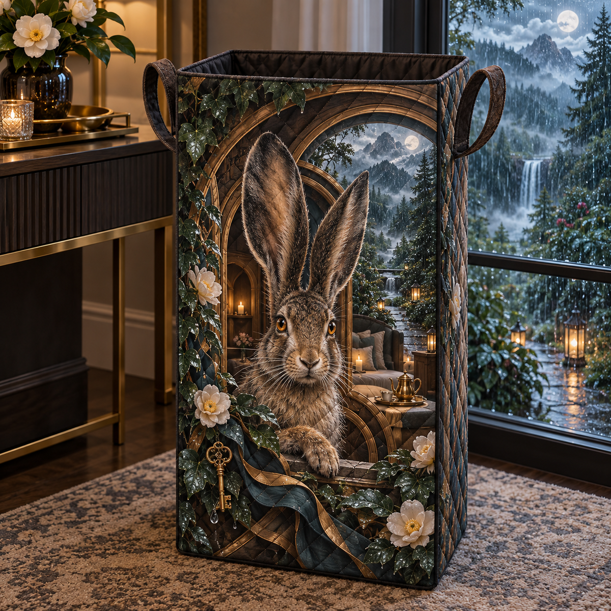 Rainwelcome Hare Manor Laundry Hamper with printed optical 3D artwork in its use setting