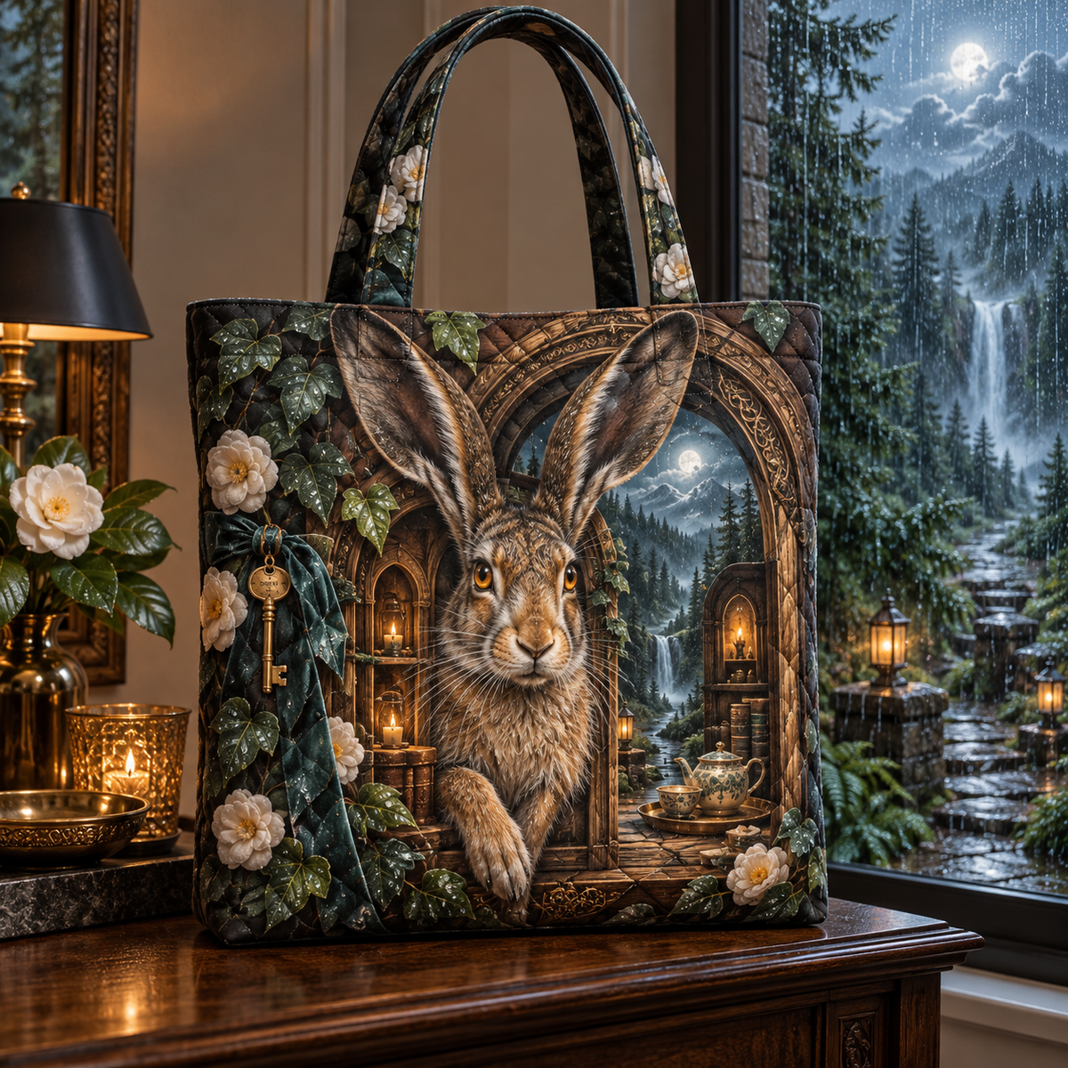 Rainwelcome Hare Manor Quilted Tote Bag with printed optical 3D artwork in its use setting