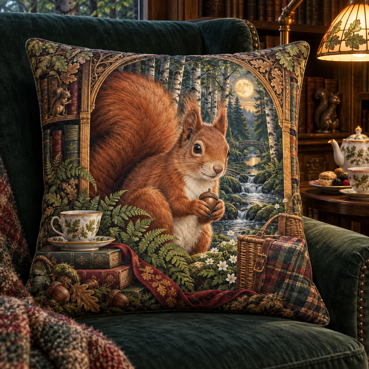 Tealeaf Squirrel Library Quilted Cushion Cover with printed optical 3D artwork in its use setting