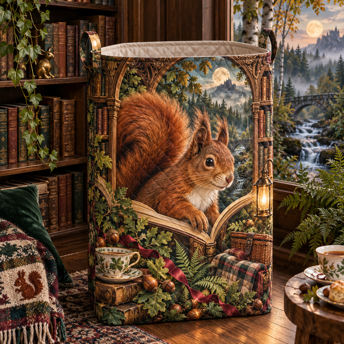 Tealeaf Squirrel Library Laundry Hamper with printed optical 3D artwork in its use setting