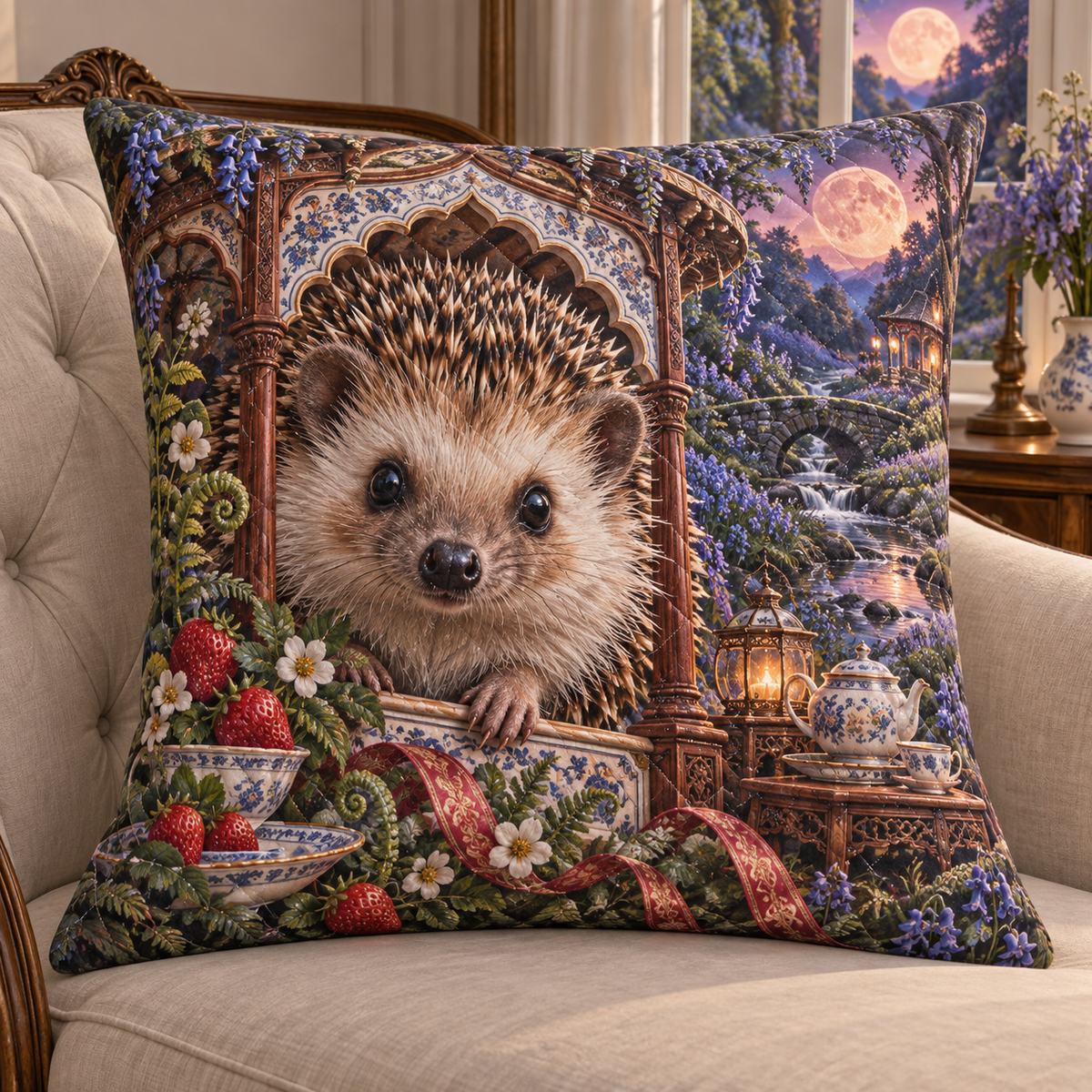 Teacrown Hedgehog Pavilion Quilted Cushion Cover with printed optical 3D artwork in its use setting