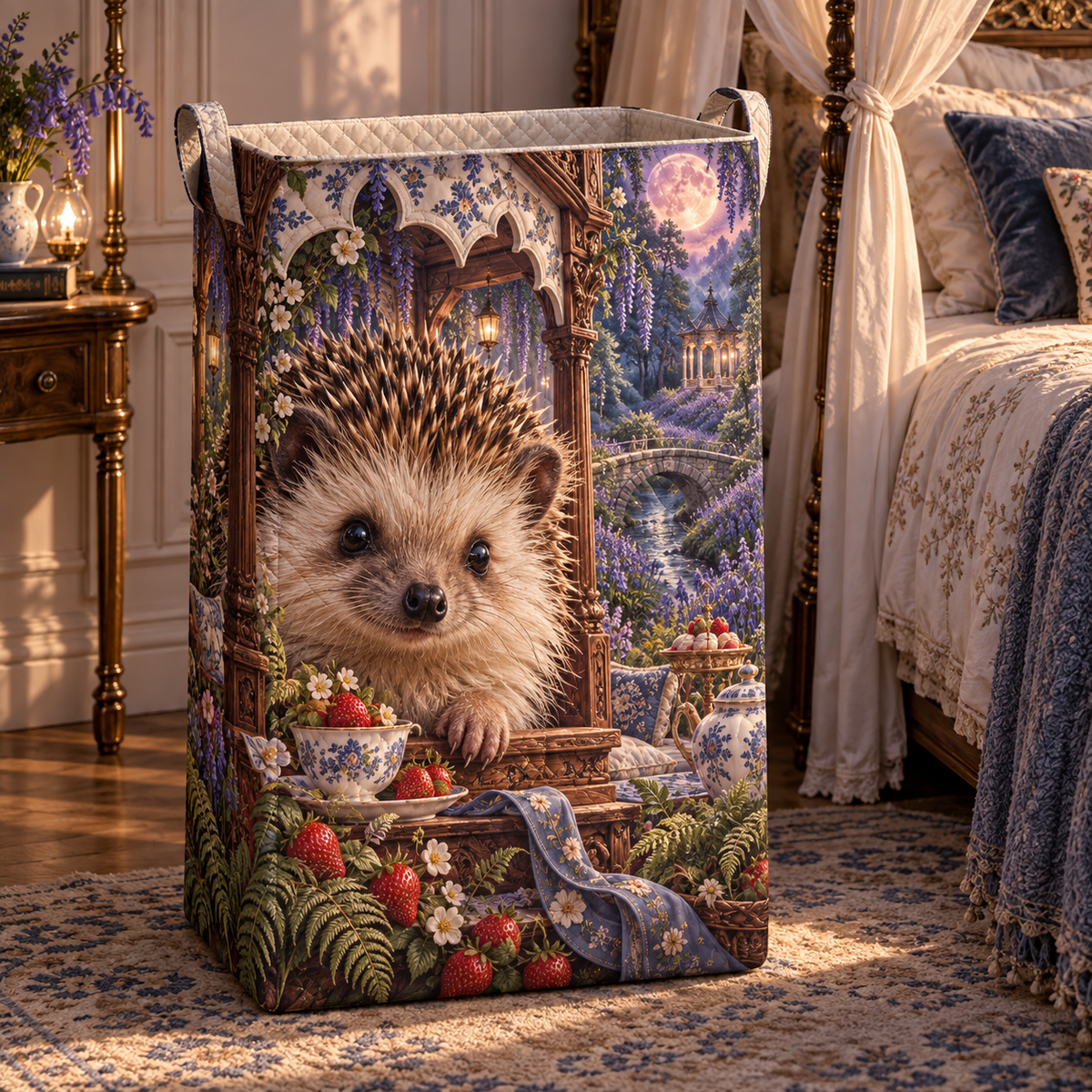 Teacrown Hedgehog Pavilion Laundry Hamper with printed optical 3D artwork in its use setting
