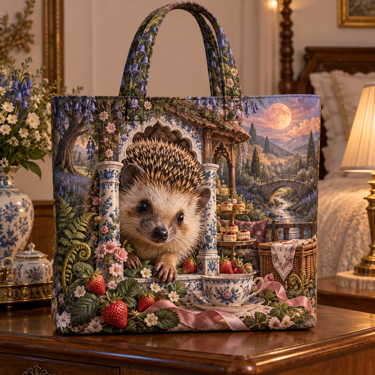 Teacrown Hedgehog Pavilion Quilted Tote Bag with printed optical 3D artwork in its use setting