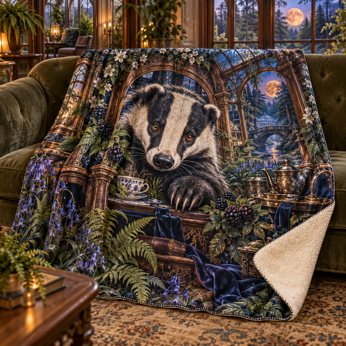 Teacourt Badger Conservatory Sherpa & Fleece Blanket with printed optical 3D artwork in its use setting