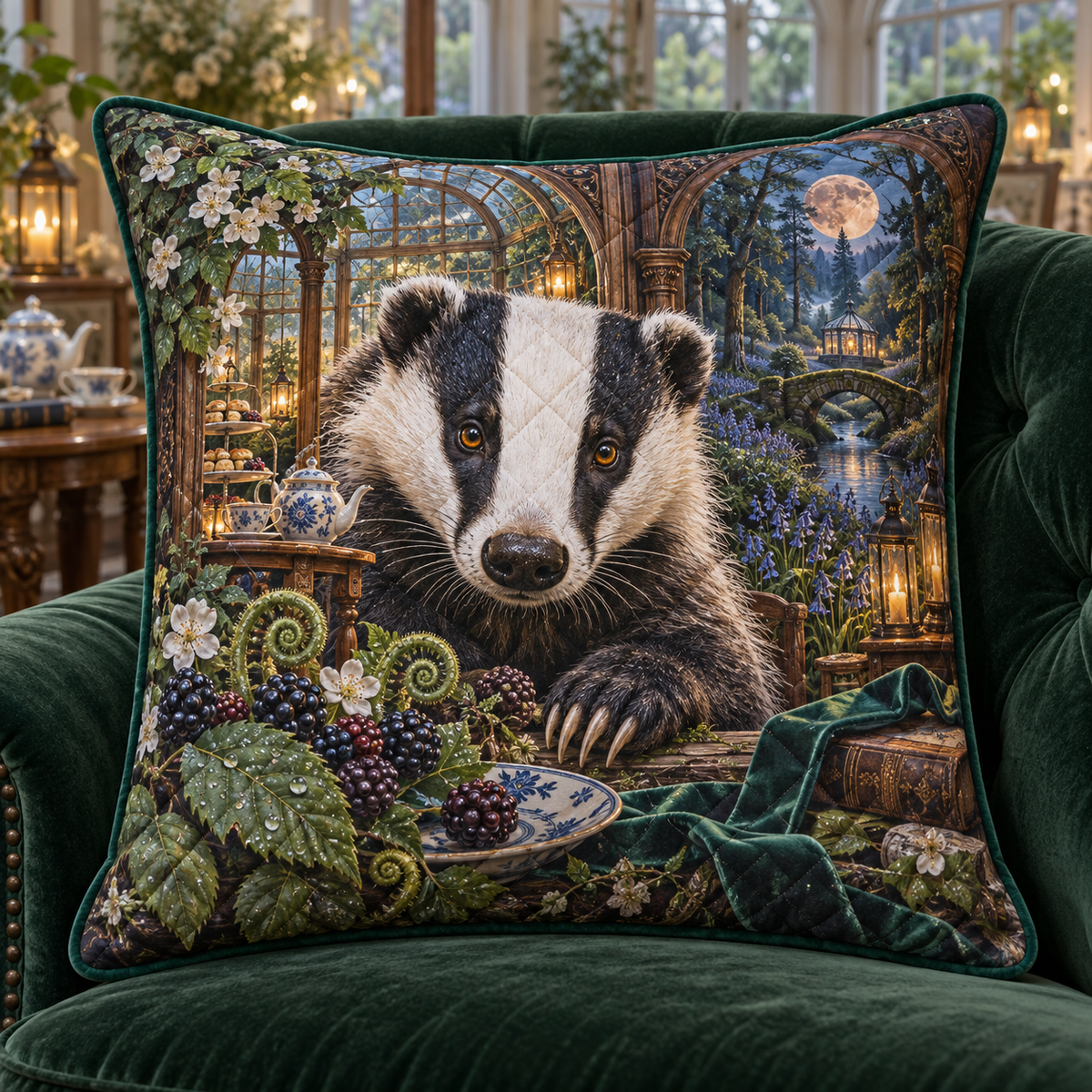 Teacourt Badger Conservatory Quilted Cushion Cover with printed optical 3D artwork in its use setting