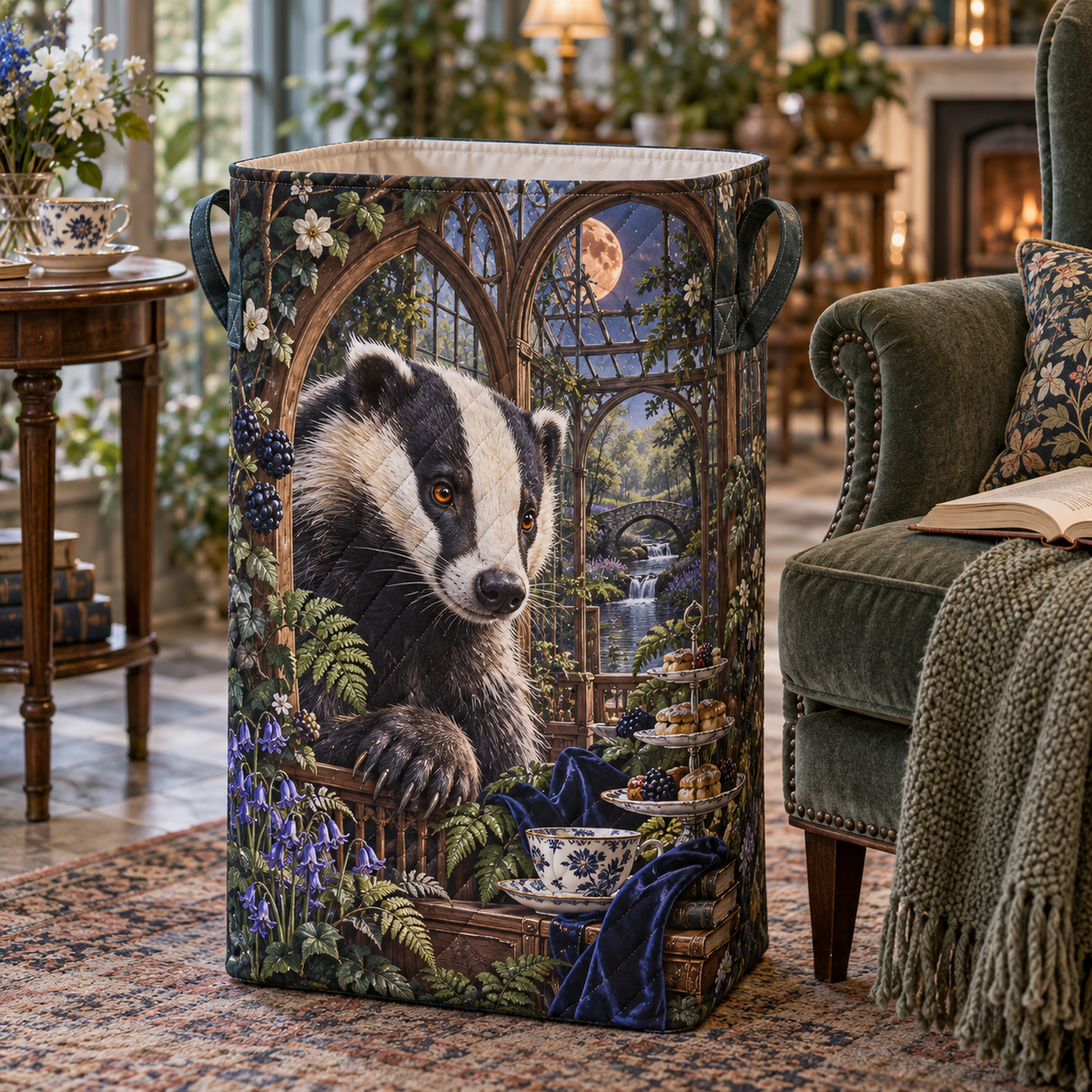 Teacourt Badger Conservatory Laundry Hamper with printed optical 3D artwork in its use setting