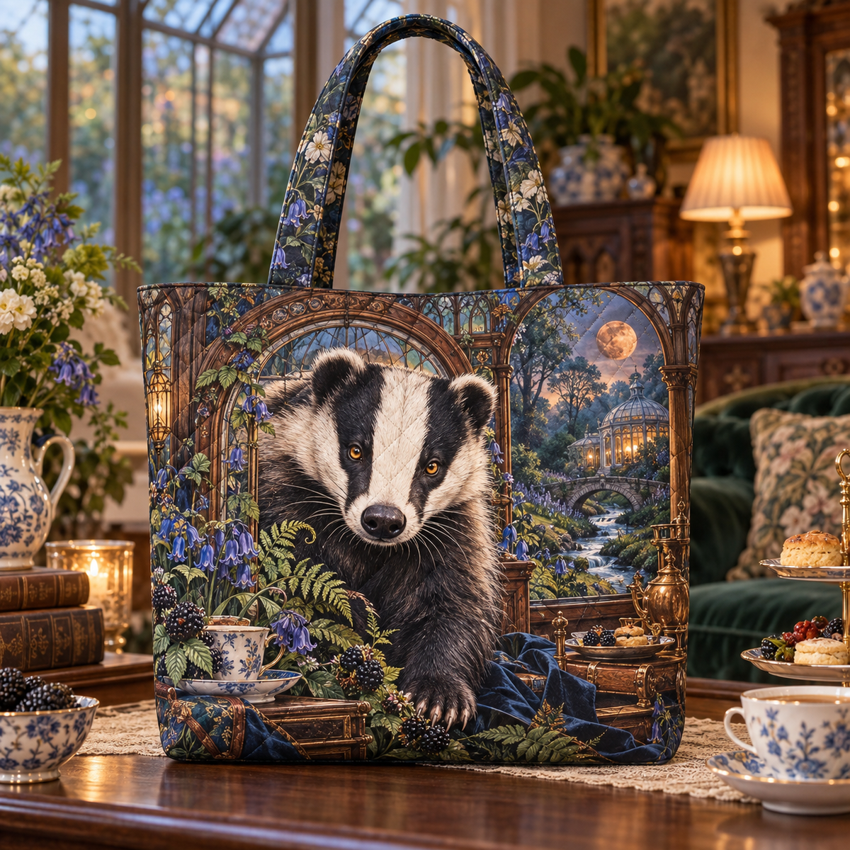 Teacourt Badger Conservatory Quilted Tote Bag with printed optical 3D artwork in its use setting