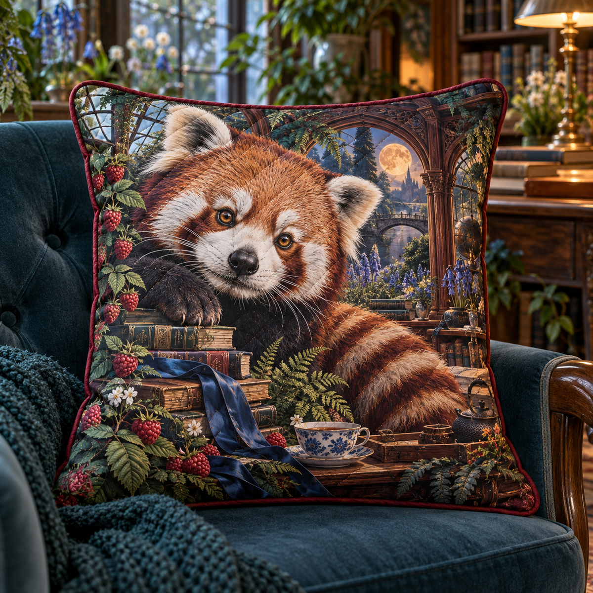 Tealight Red Panda Study Quilted Cushion Cover with printed optical 3D artwork in its use setting