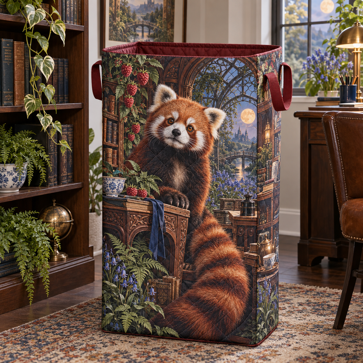 Tealight Red Panda Study Laundry Hamper with printed optical 3D artwork in its use setting