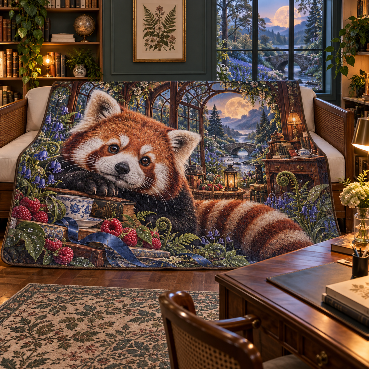 Tealight Red Panda Study Quilt Blanket with printed optical 3D artwork in its use setting