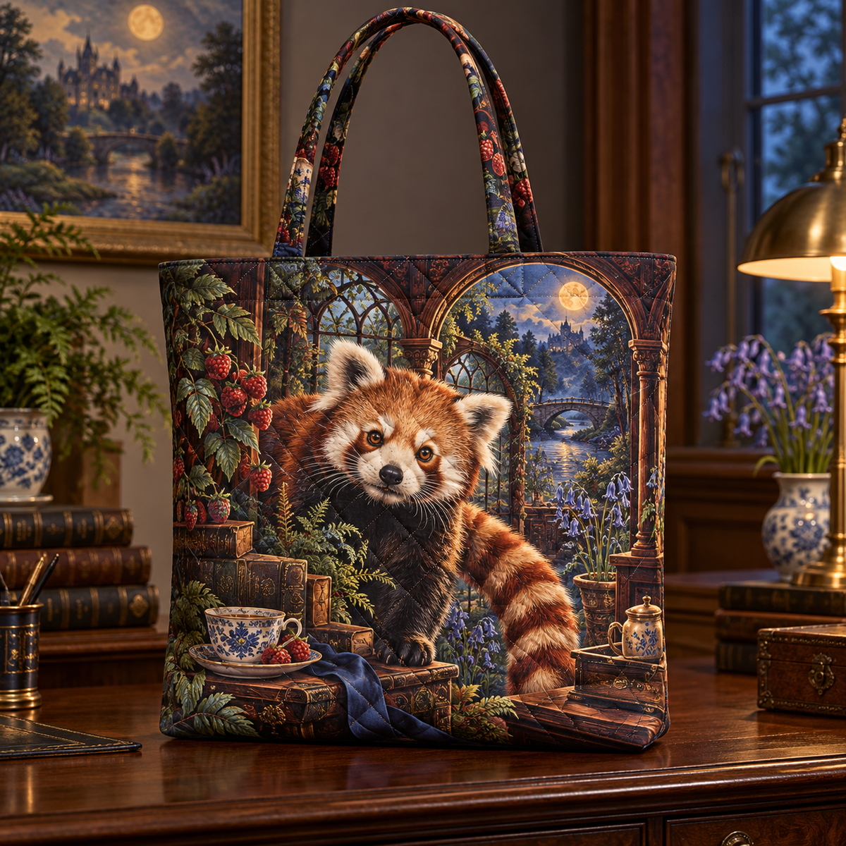 Tealight Red Panda Study Quilted Tote Bag with printed optical 3D artwork in its use setting