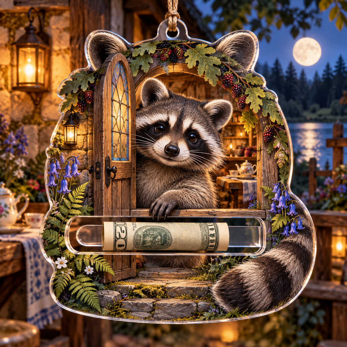Hearthtea Raccoon Welcome Acrylic Cash Holder Ornament with printed optical 3D artwork in its use setting