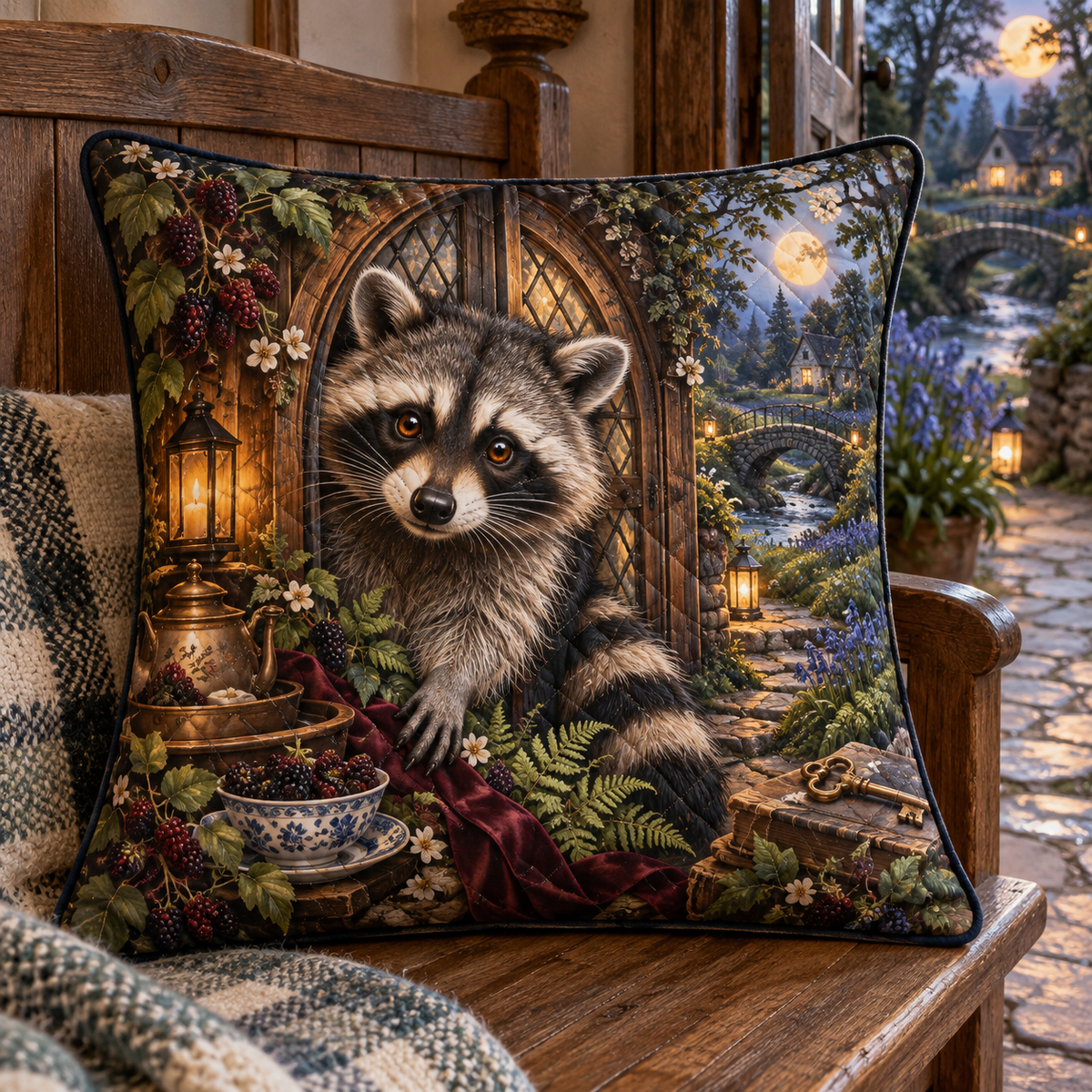 Hearthtea Raccoon Welcome Quilted Cushion Cover with printed optical 3D artwork in its use setting