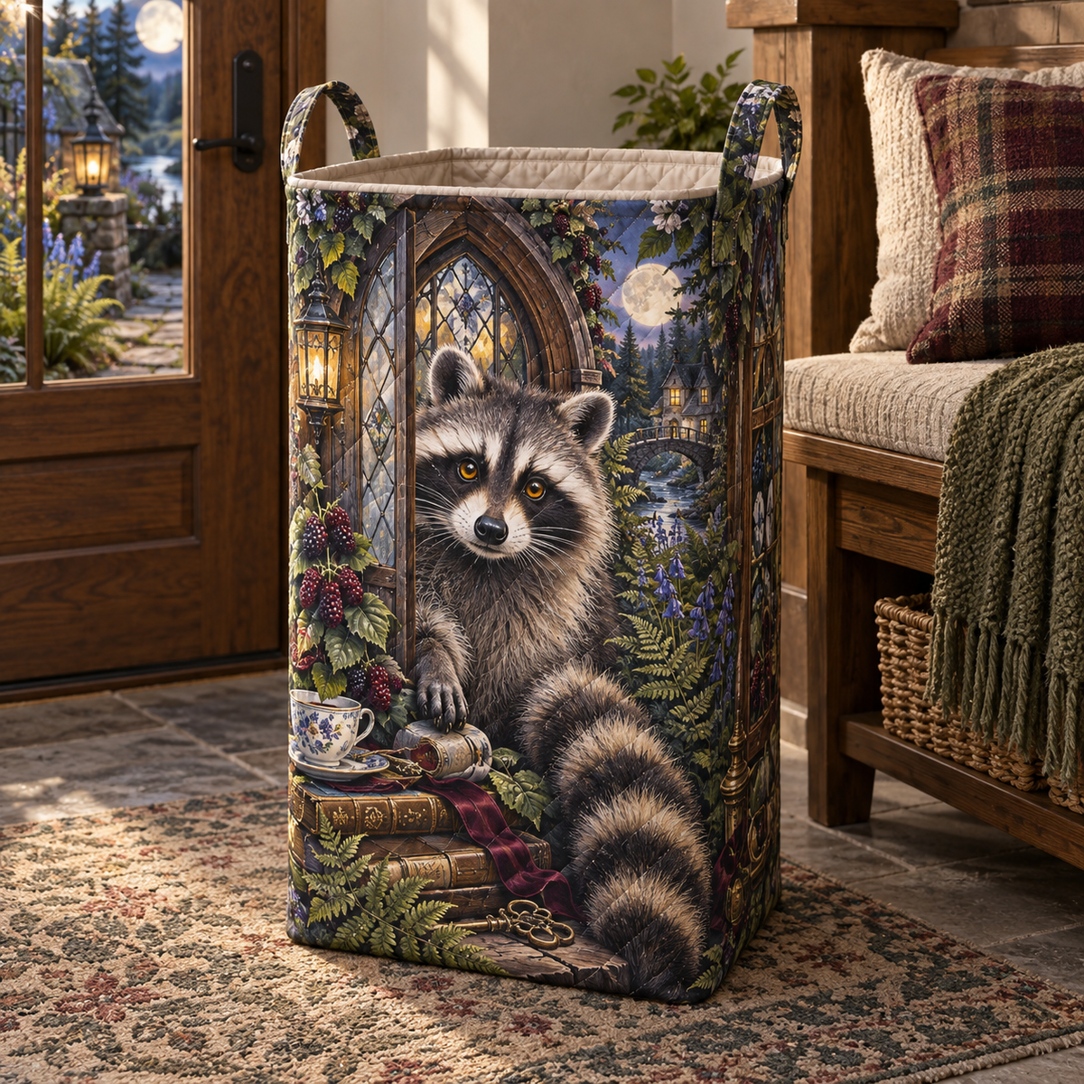 Hearthtea Raccoon Welcome Laundry Hamper with printed optical 3D artwork in its use setting