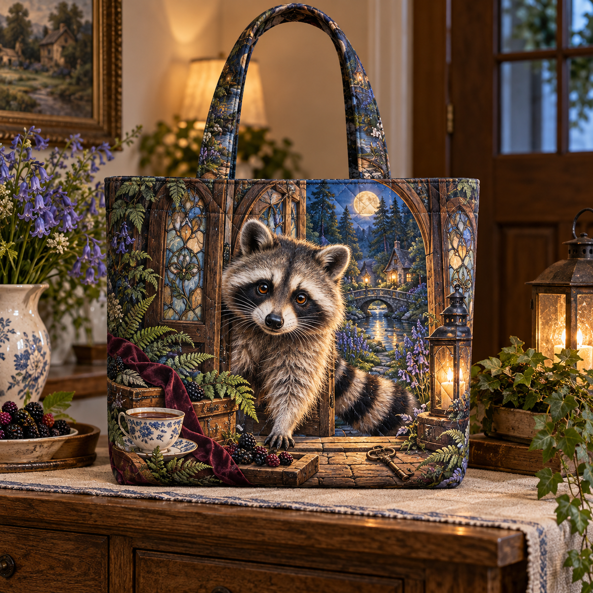 Hearthtea Raccoon Welcome Quilted Tote Bag with printed optical 3D artwork in its use setting