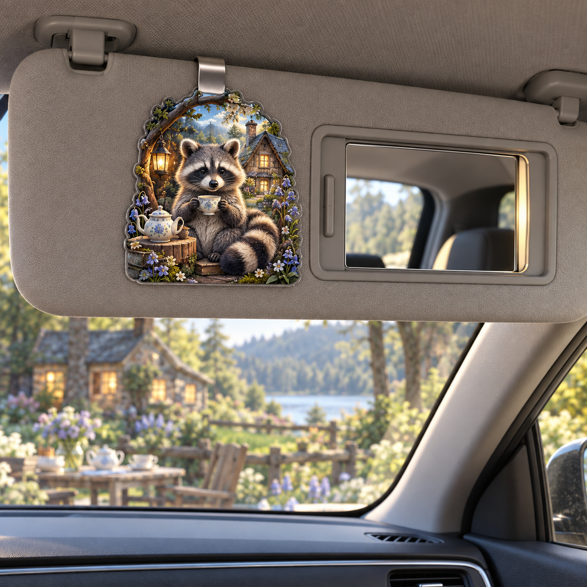 Hearthtea Raccoon Welcome Holographic Car Visor Clip with printed optical 3D artwork in its use setting