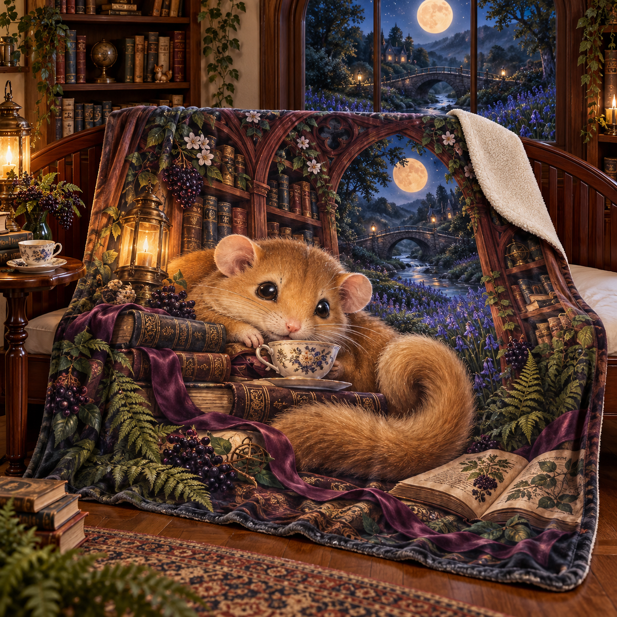 Velvettea Dormouse Alcove Sherpa & Fleece Blanket with printed optical 3D artwork in its use setting