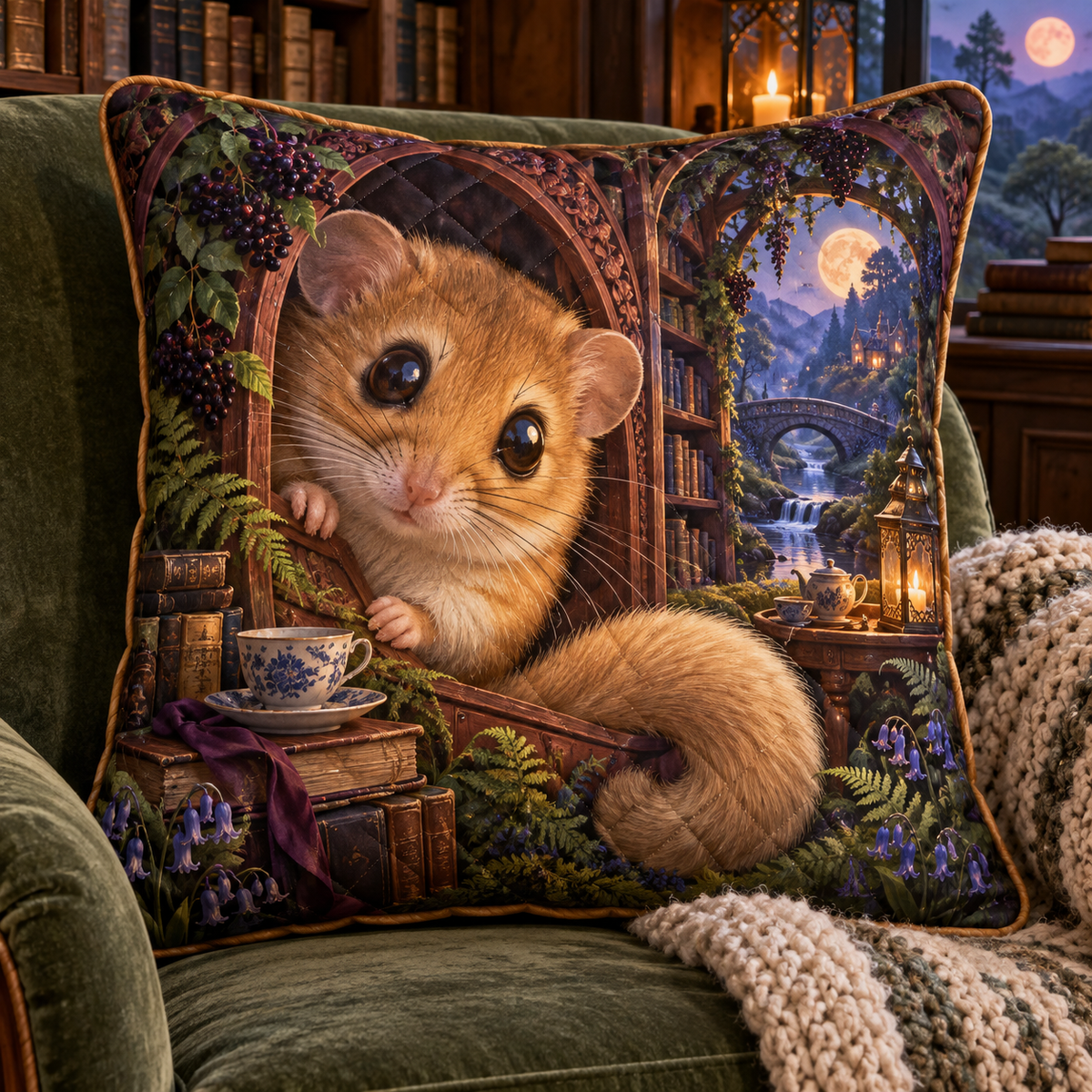 Velvettea Dormouse Alcove Quilted Cushion Cover with printed optical 3D artwork in its use setting