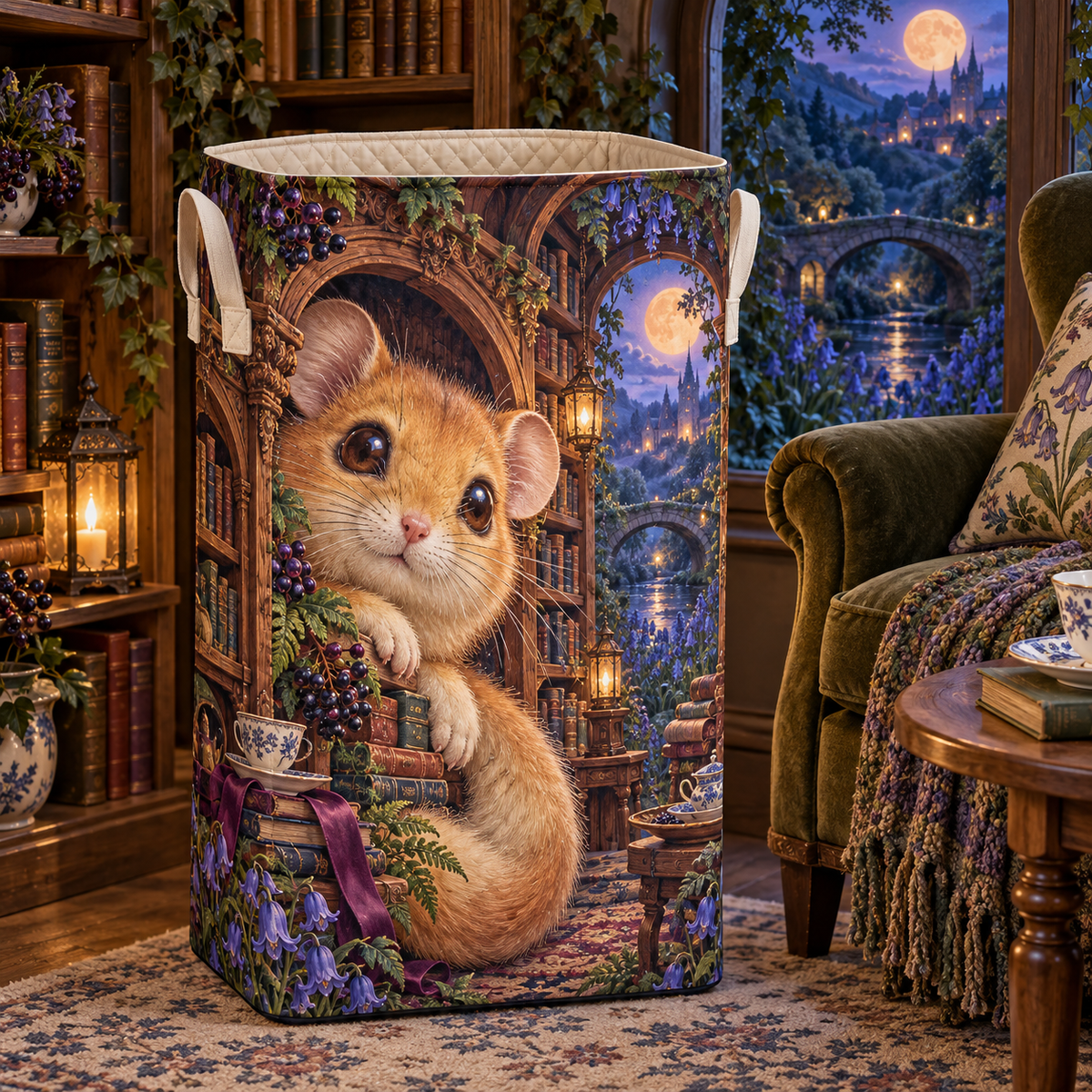 Velvettea Dormouse Alcove Laundry Hamper with printed optical 3D artwork in its use setting