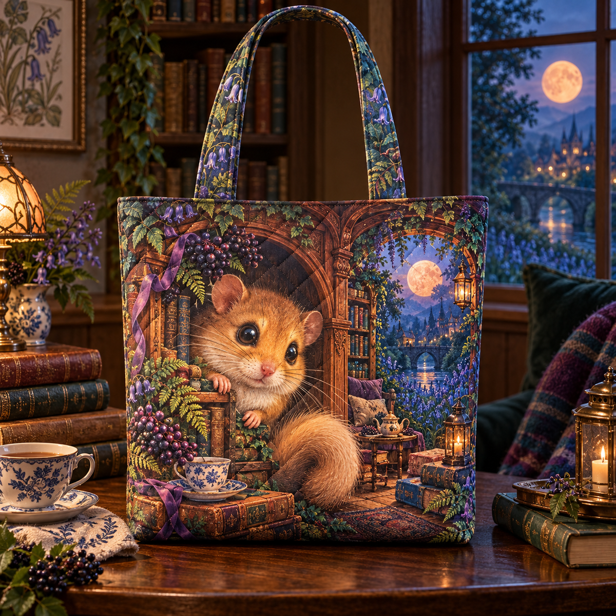 Velvettea Dormouse Alcove Quilted Tote Bag with printed optical 3D artwork in its use setting