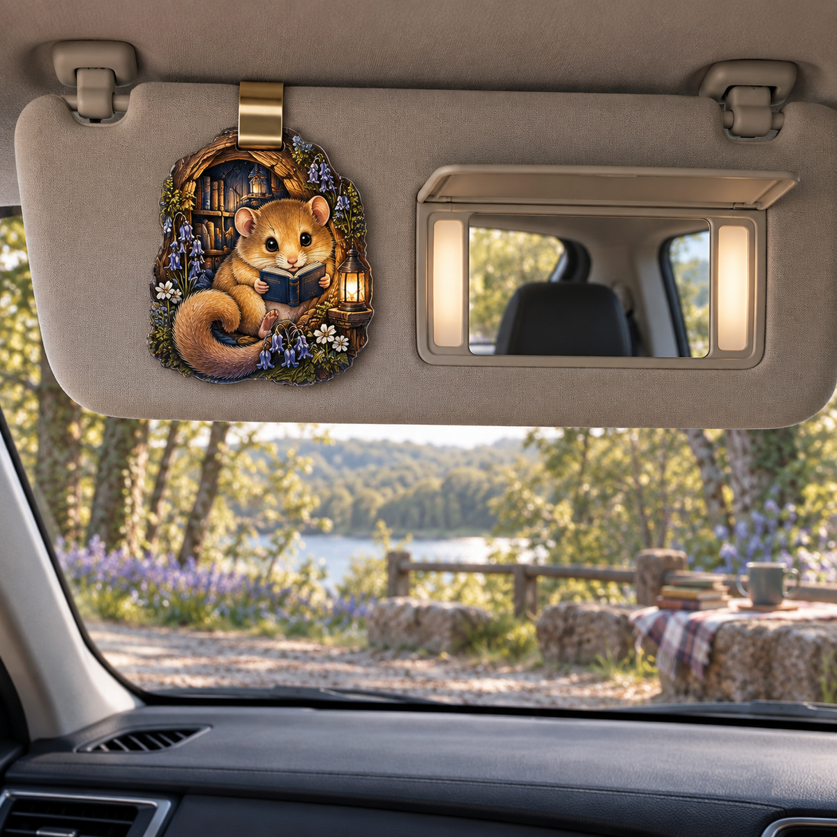 Velvettea Dormouse Alcove Holographic Car Visor Clip with printed optical 3D artwork in its use setting