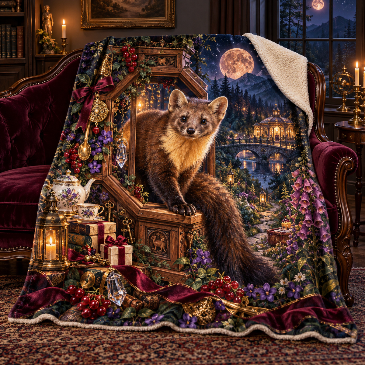 Jubileatea Pine Marten Curio Sherpa & Fleece Blanket with printed optical 3D artwork in its use setting