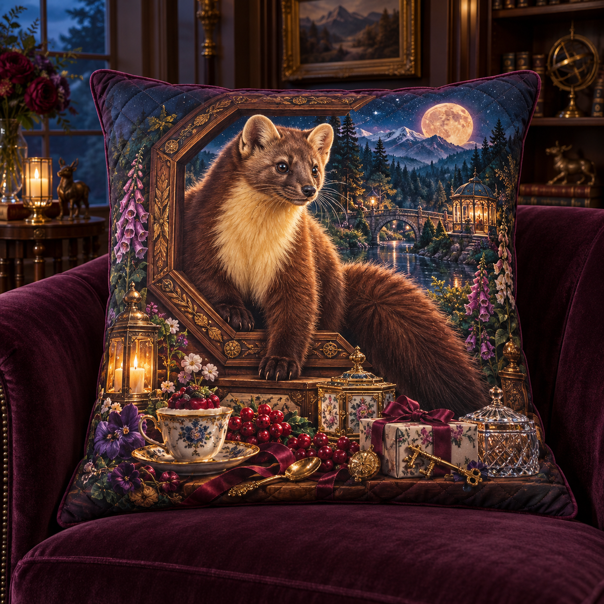 Jubileatea Pine Marten Curio Quilted Cushion Cover with printed optical 3D artwork in its use setting