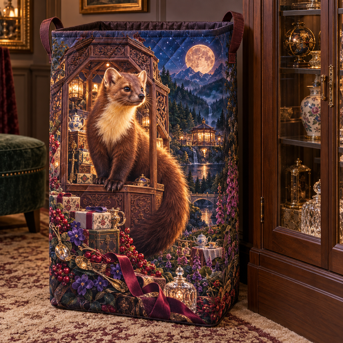 Jubileatea Pine Marten Curio Laundry Hamper with printed optical 3D artwork in its use setting