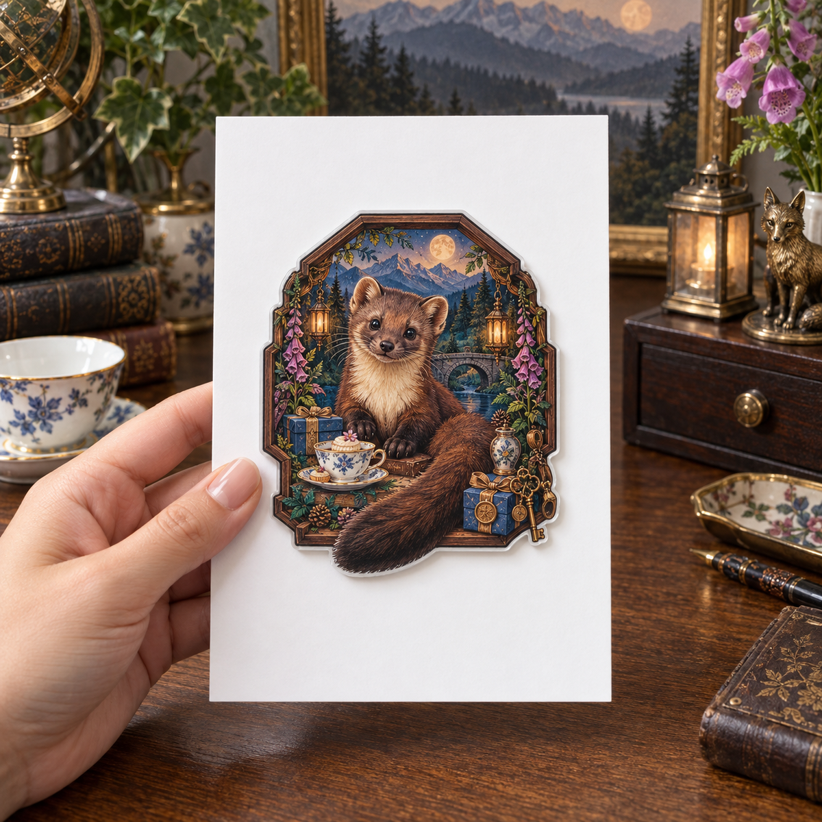 Jubileatea Pine Marten Curio Acrylic Refrigerator Magnet with printed optical 3D artwork in its use setting