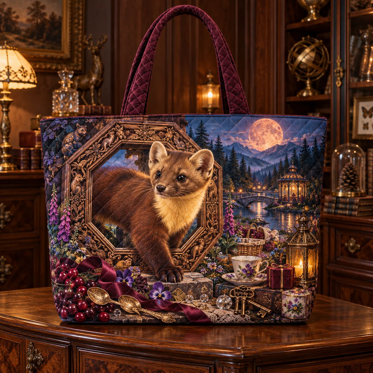 Jubileatea Pine Marten Curio Quilted Tote Bag with printed optical 3D artwork in its use setting