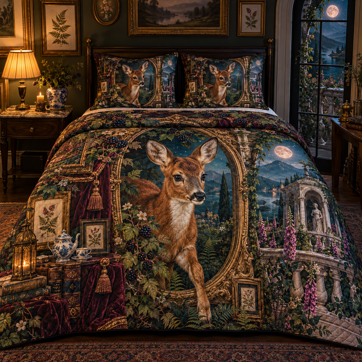 Gallerytea Roe Deer Salon Quilted Bedding Set with printed optical 3D artwork in its use setting