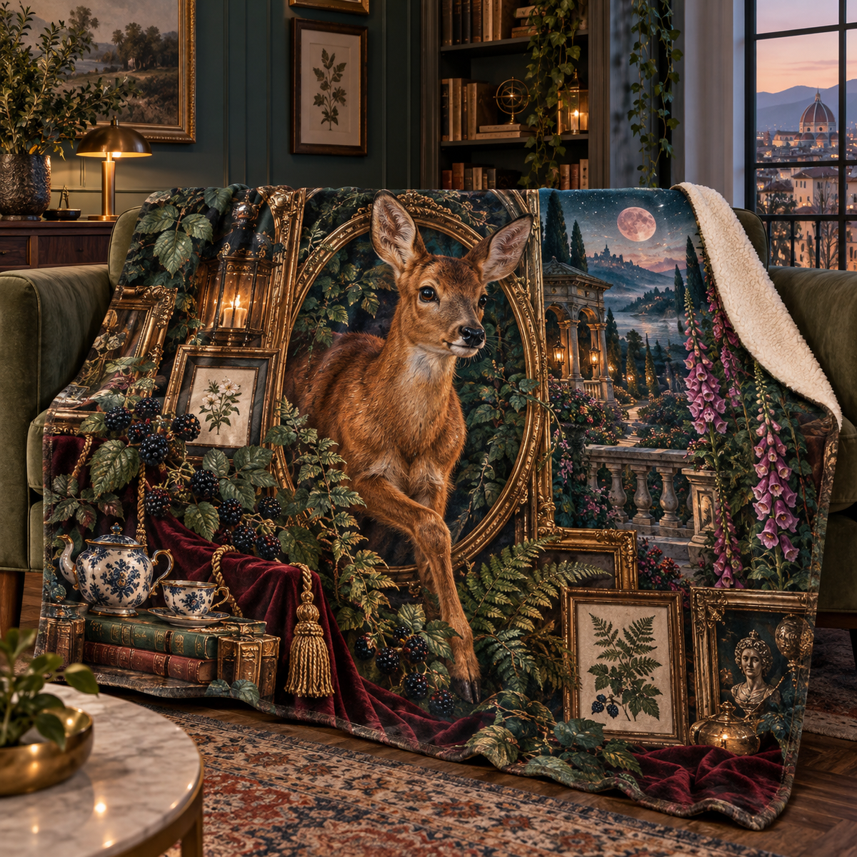 Gallerytea Roe Deer Salon Sherpa & Fleece Blanket with printed optical 3D artwork in its use setting