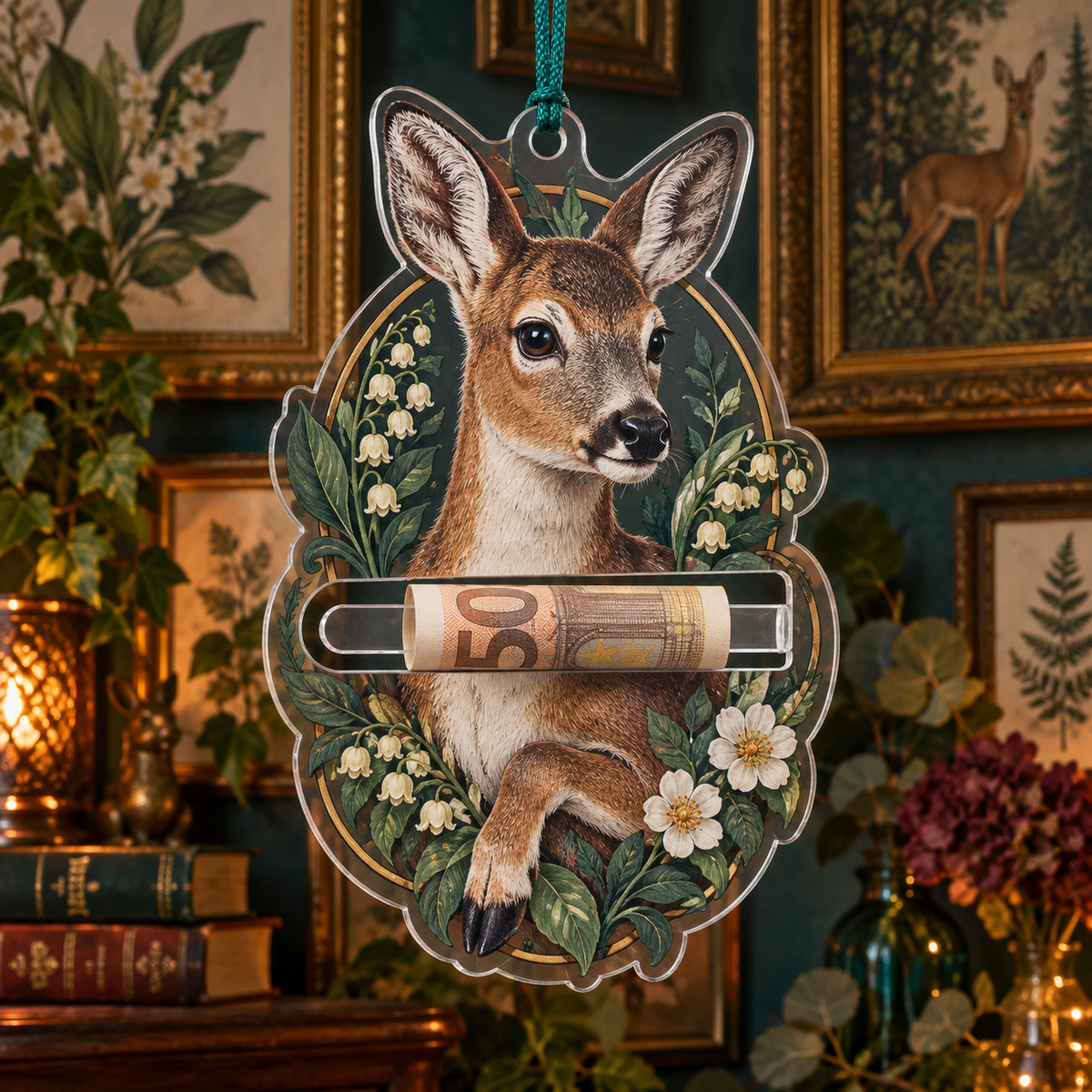 Gallerytea Roe Deer Salon Acrylic Cash Holder Ornament with printed optical 3D artwork in its use setting