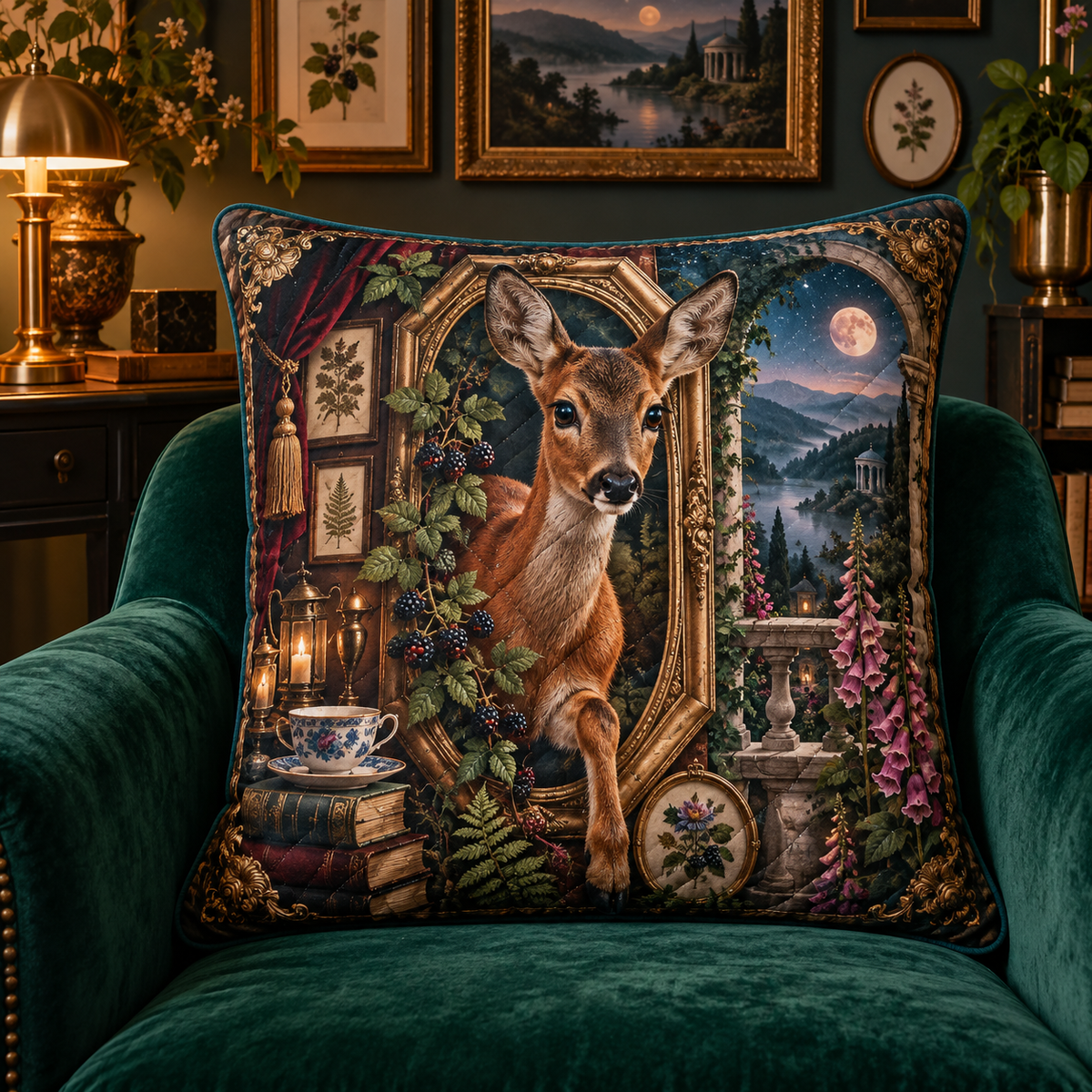 Gallerytea Roe Deer Salon Quilted Cushion Cover with printed optical 3D artwork in its use setting