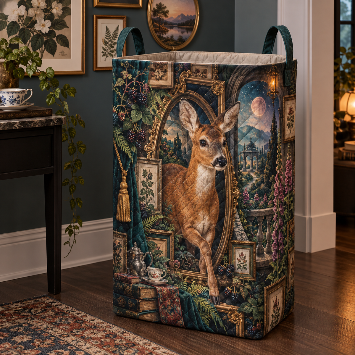 Gallerytea Roe Deer Salon Laundry Hamper with printed optical 3D artwork in its use setting