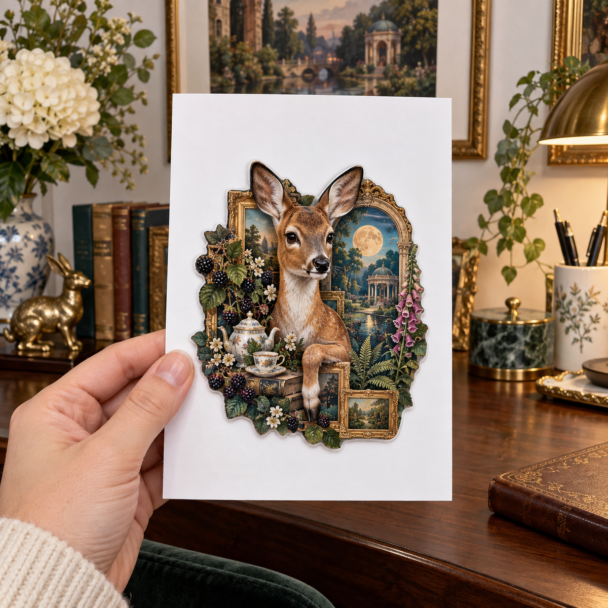 Gallerytea Roe Deer Salon Acrylic Refrigerator Magnet with printed optical 3D artwork in its use setting