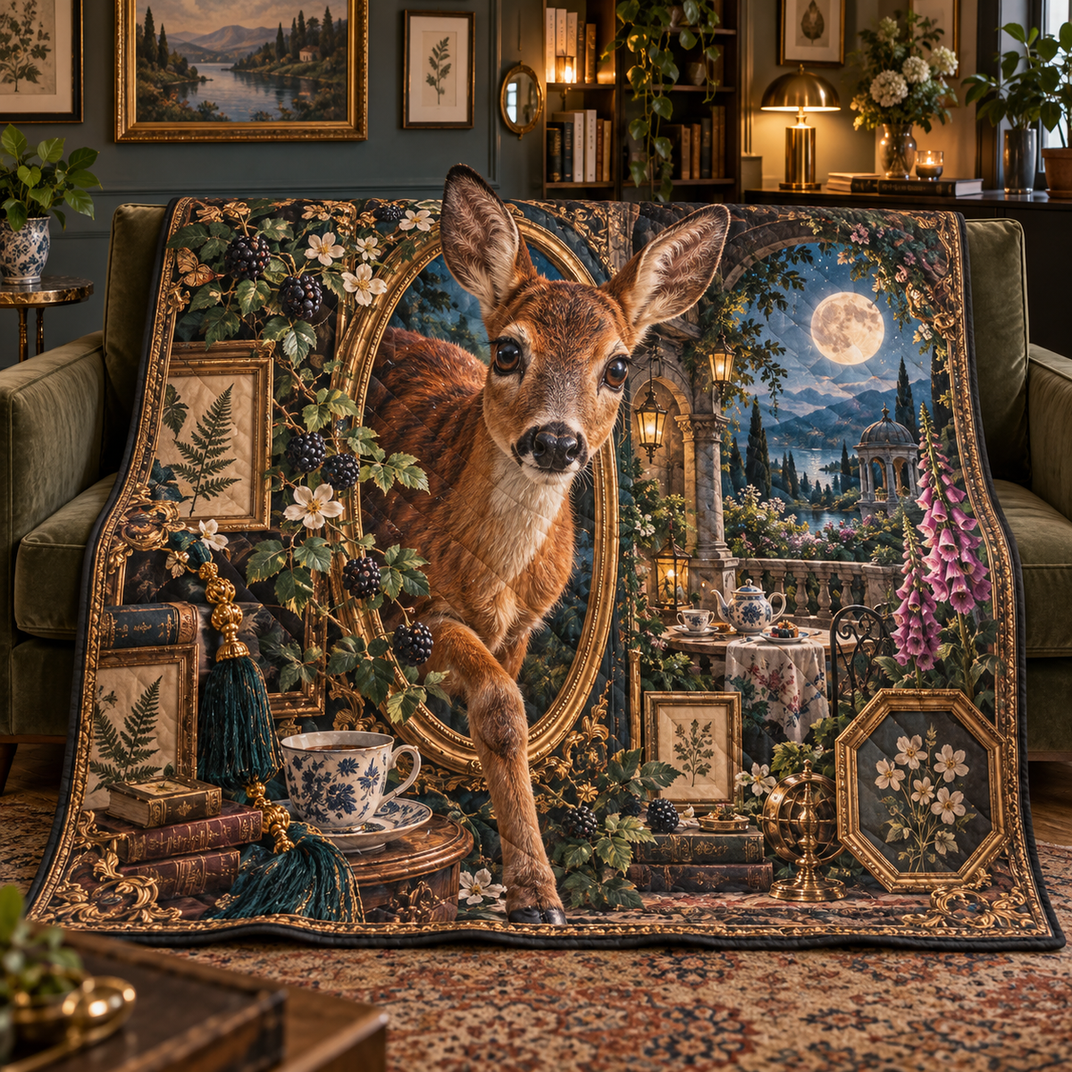 Gallerytea Roe Deer Salon Quilt Blanket with printed optical 3D artwork in its use setting