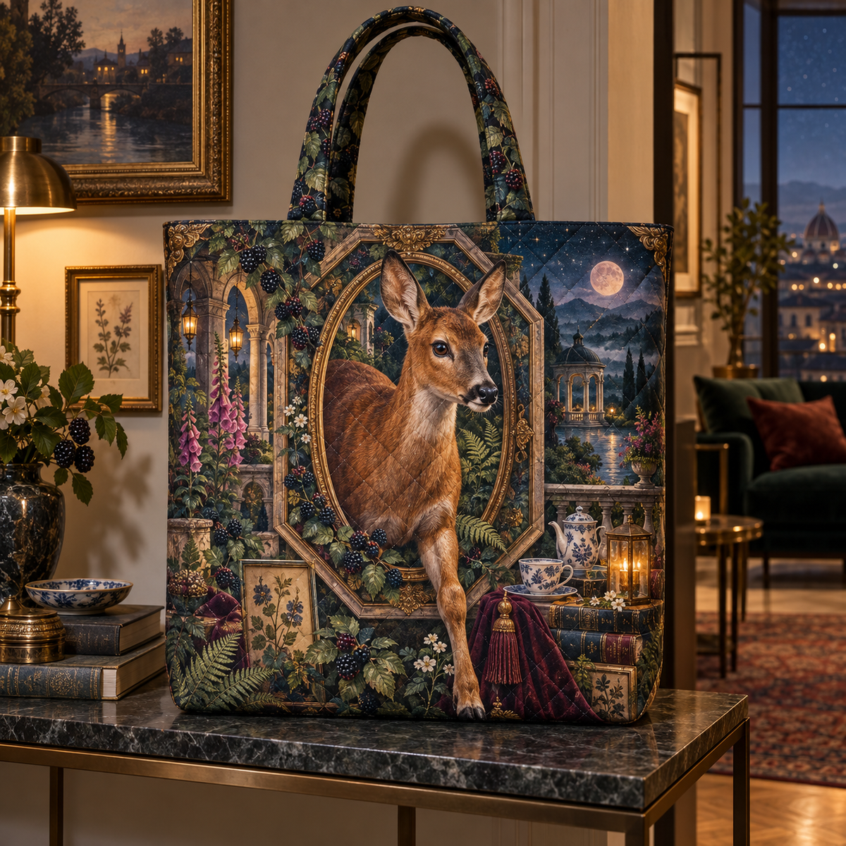 Gallerytea Roe Deer Salon Quilted Tote Bag with printed optical 3D artwork in its use setting