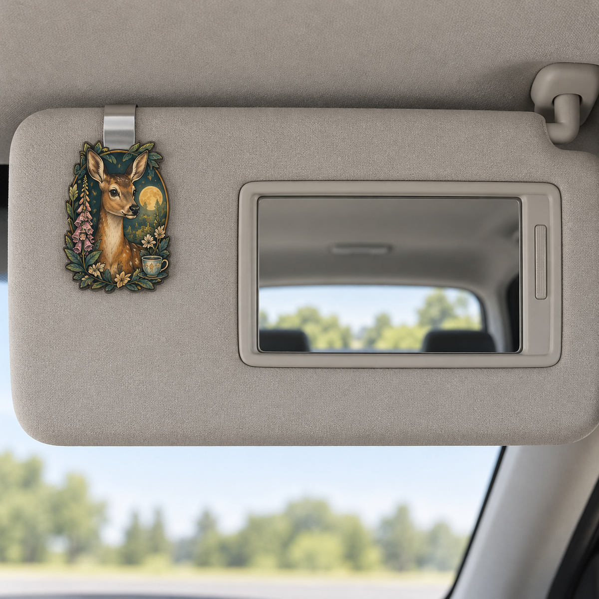 Gallerytea Roe Deer Salon Holographic Car Visor Clip with printed optical 3D artwork in its use setting