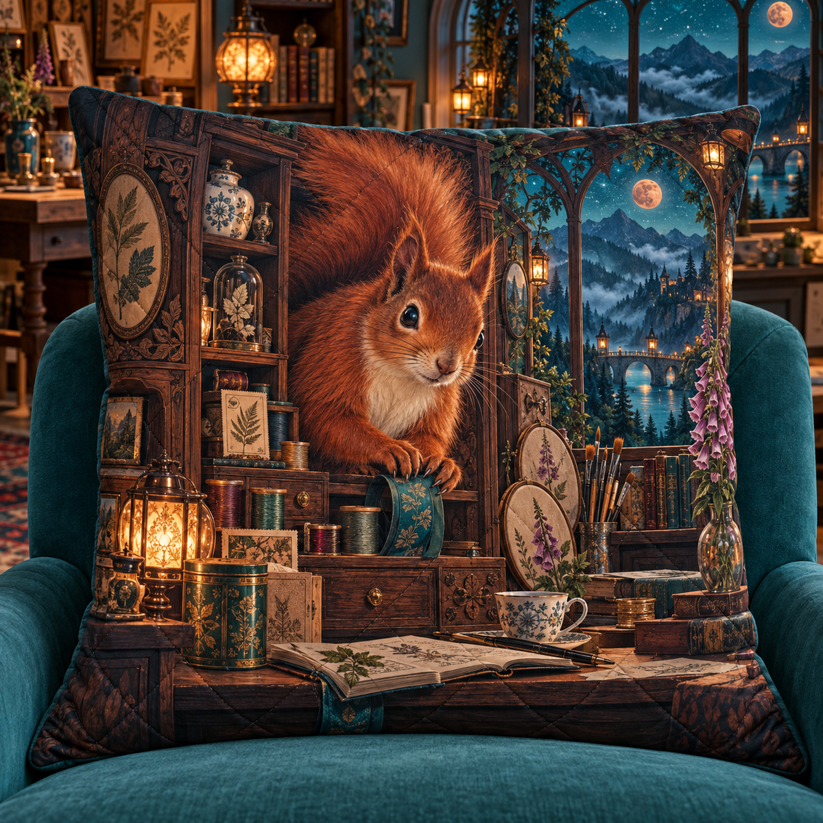 Makertea Red Squirrel Atelier Quilted Cushion Cover with printed optical 3D artwork in its use setting