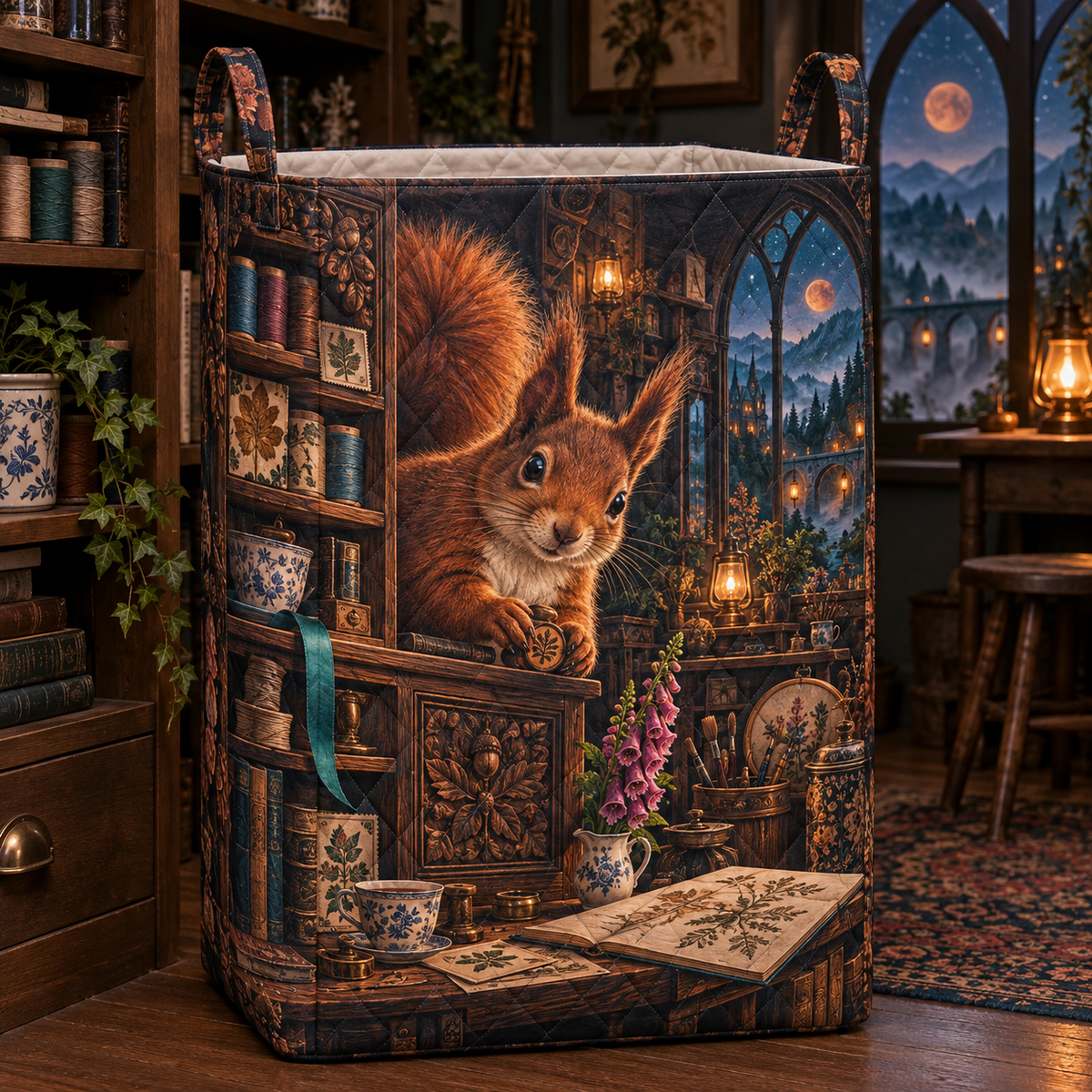 Makertea Red Squirrel Atelier Laundry Hamper with printed optical 3D artwork in its use setting