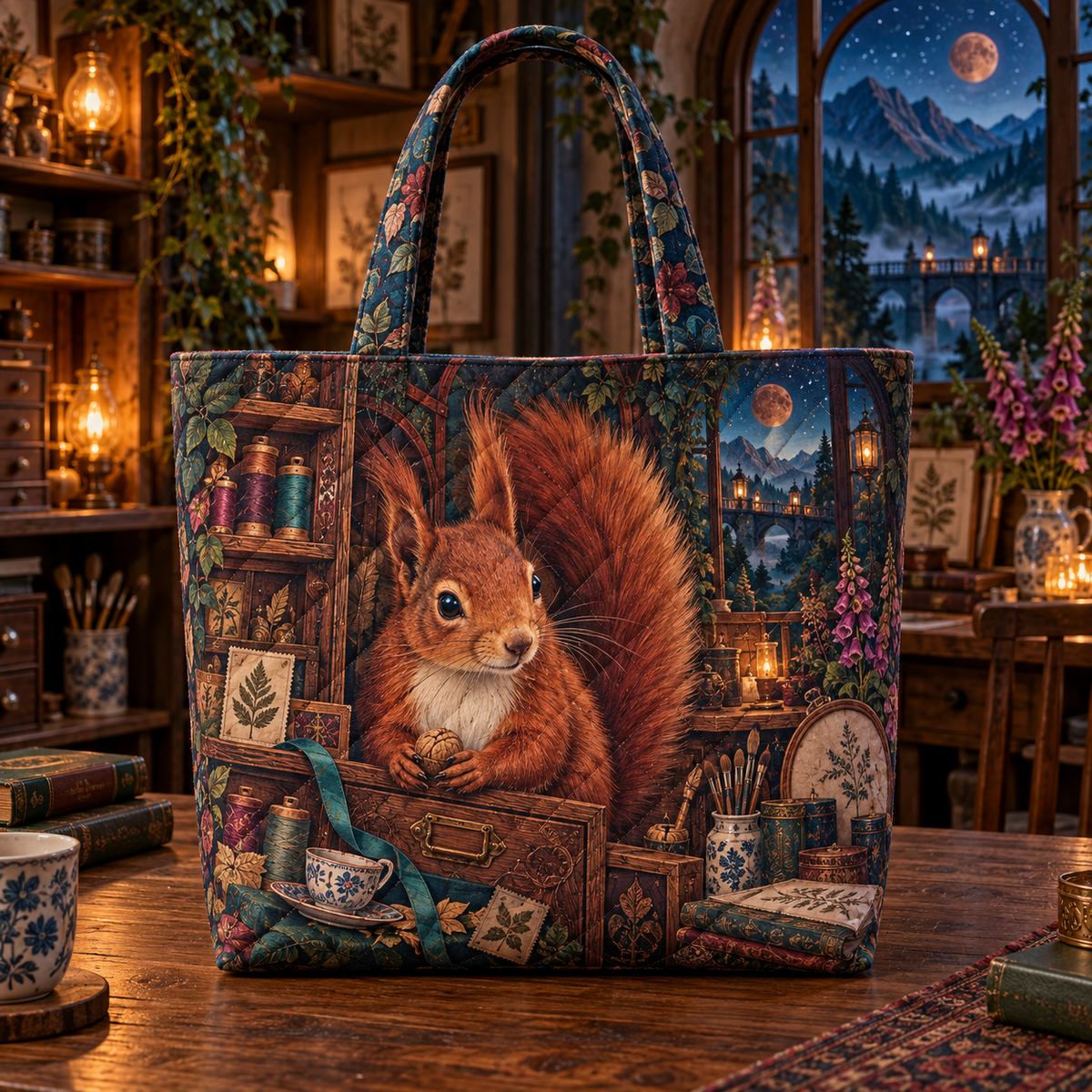 Makertea Red Squirrel Atelier Quilted Tote Bag with printed optical 3D artwork in its use setting