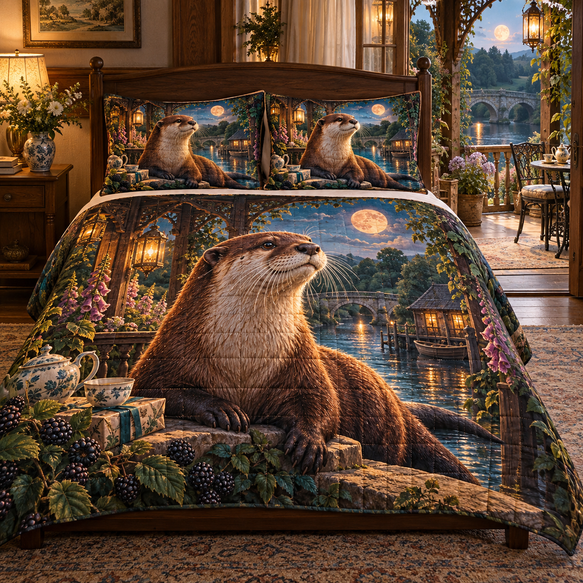 Gratitea River Otter Veranda Quilted Bedding Set with printed optical 3D artwork in its use setting