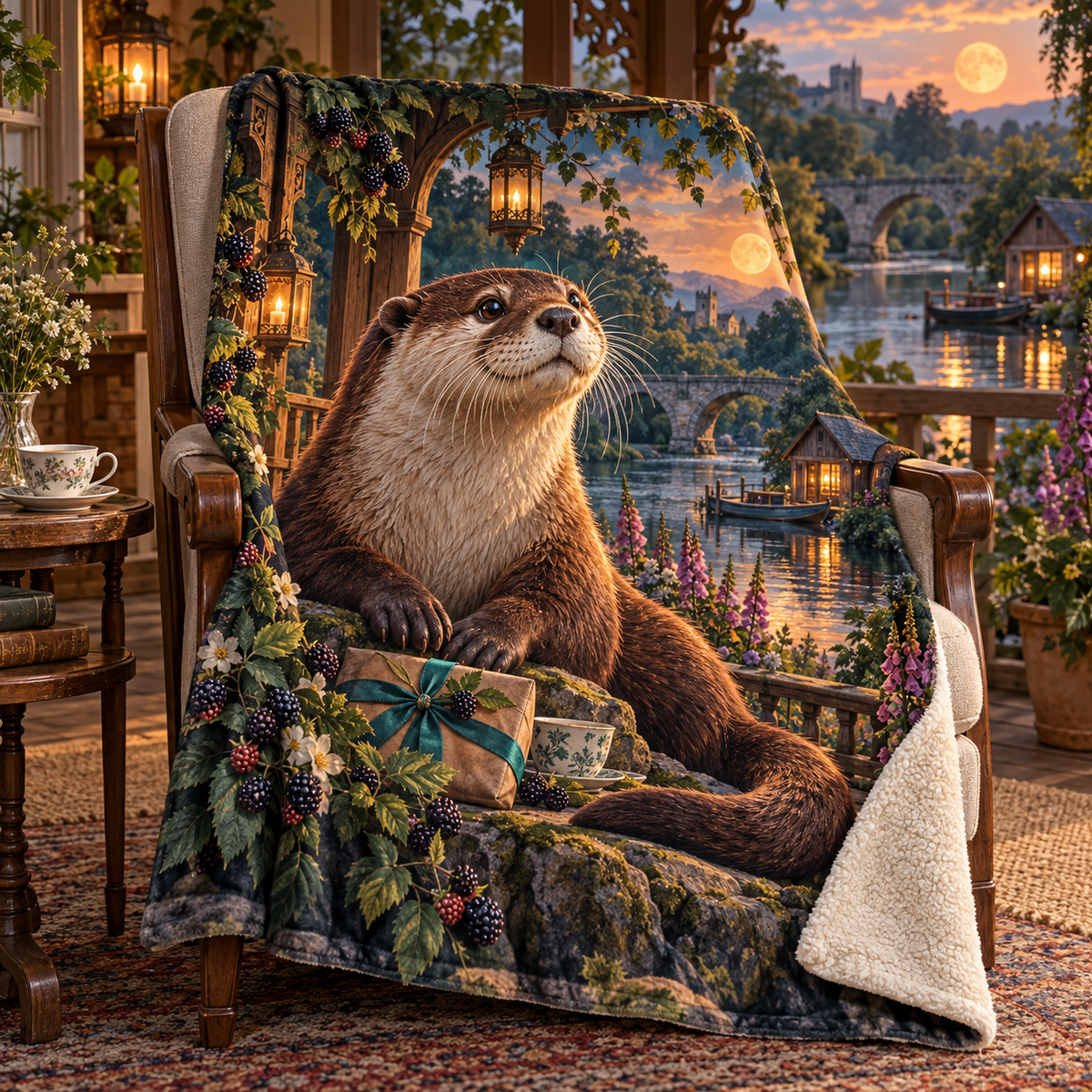 Gratitea River Otter Veranda Sherpa & Fleece Blanket with printed optical 3D artwork in its use setting