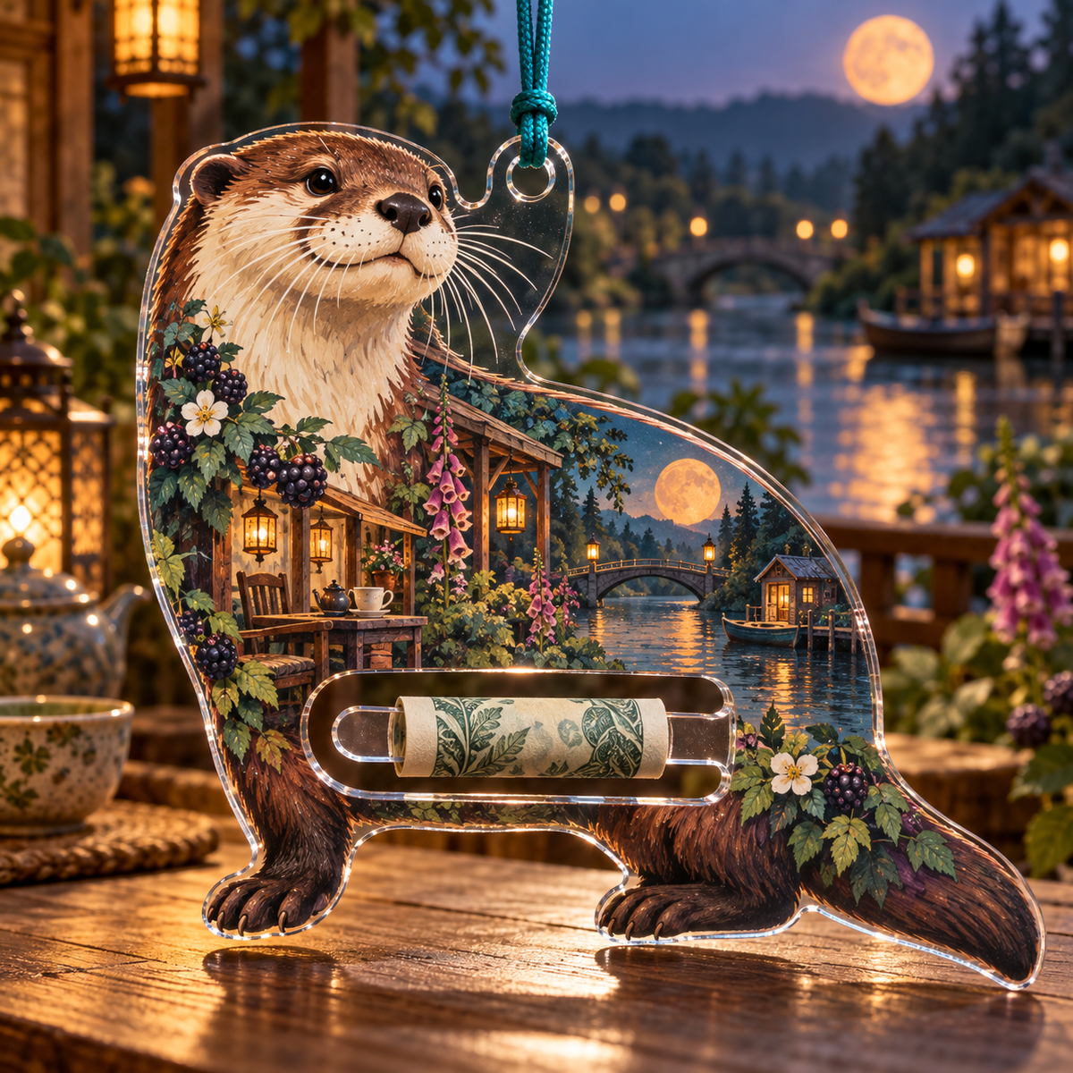 Gratitea River Otter Veranda Acrylic Cash Holder Ornament with printed optical 3D artwork in its use setting