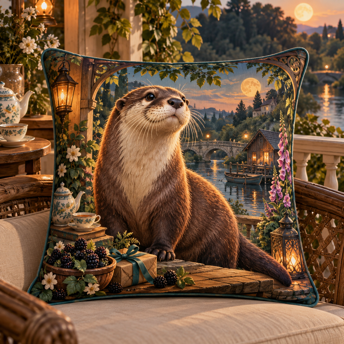 Gratitea River Otter Veranda Quilted Cushion Cover with printed optical 3D artwork in its use setting