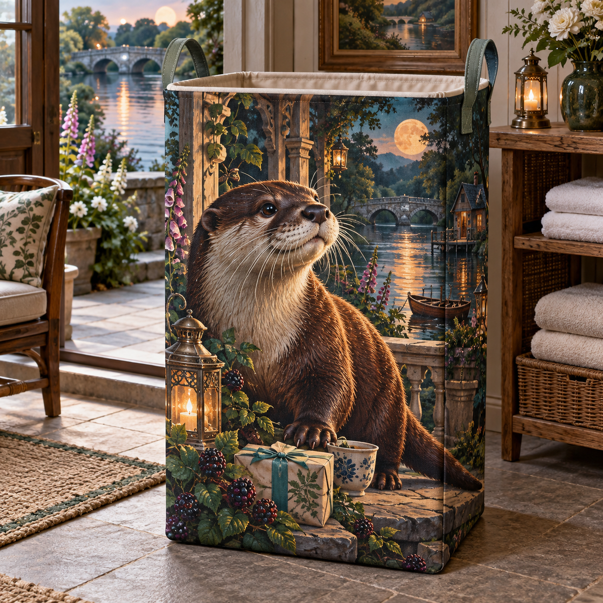 Gratitea River Otter Veranda Laundry Hamper with printed optical 3D artwork in its use setting