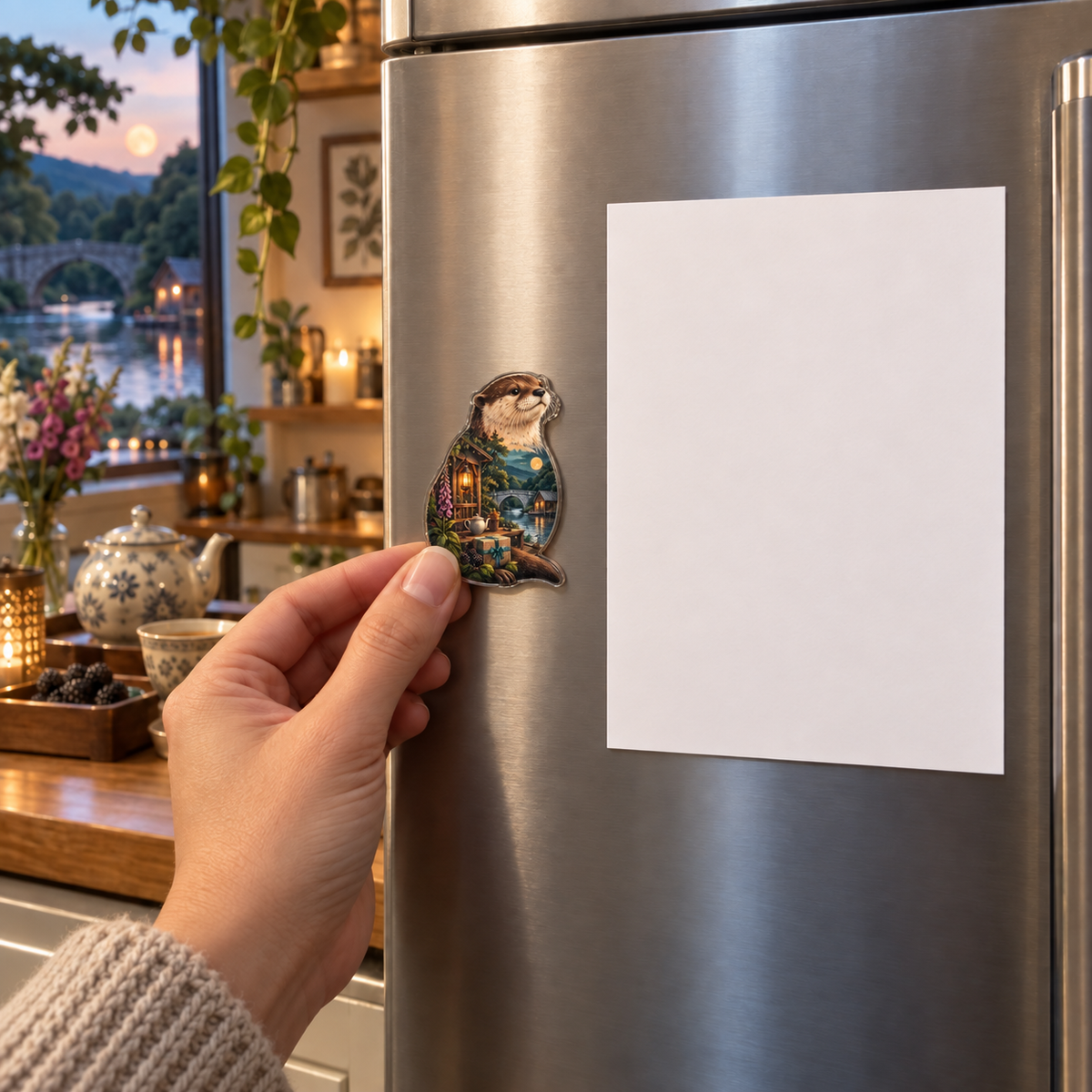 Gratitea River Otter Veranda Acrylic Refrigerator Magnet with printed optical 3D artwork in its use setting