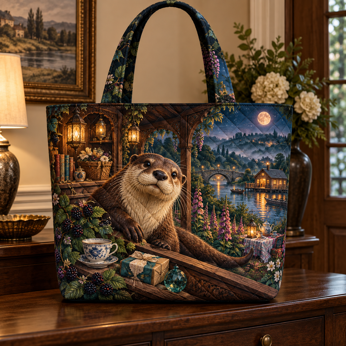 Gratitea River Otter Veranda Quilted Tote Bag with printed optical 3D artwork in its use setting